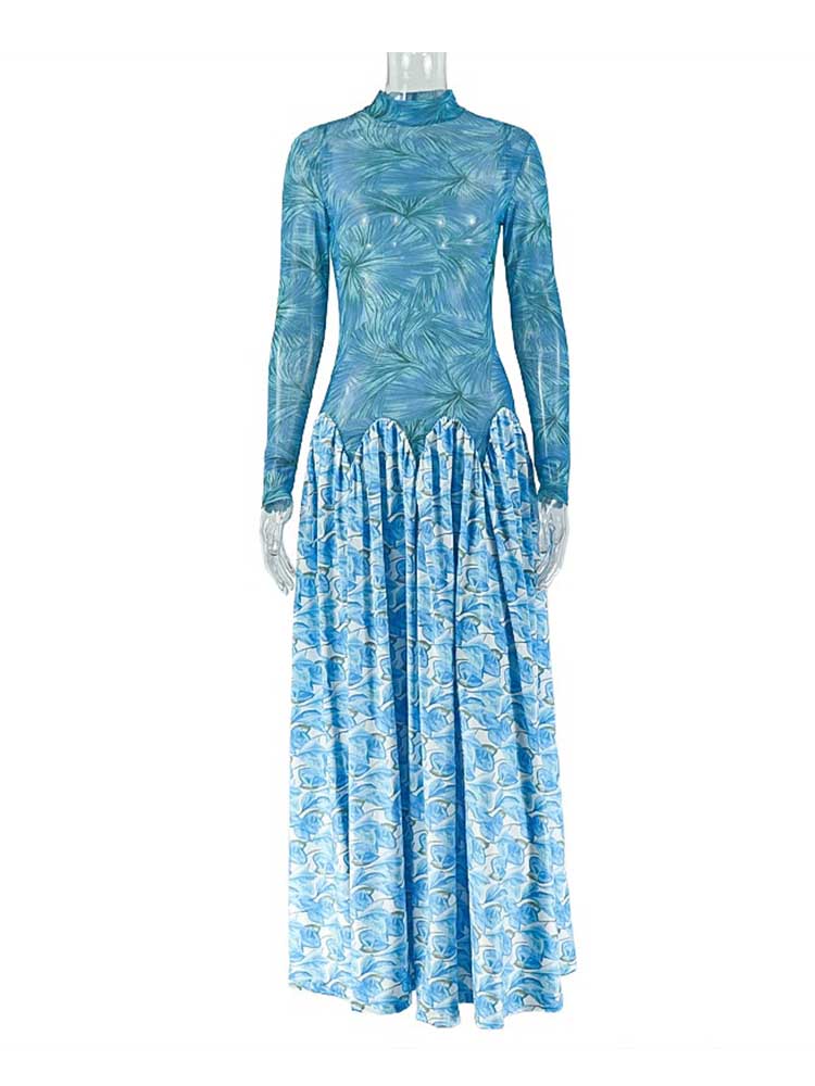 Une ligne robe Maxi pour les femmes automne bleu clair robe à manches longues taille mince mi-col roulé Chic élégant robes de soirée dames