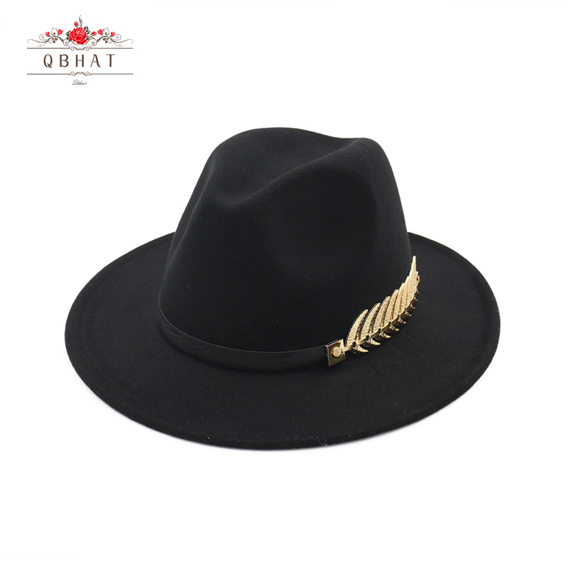 QBHAT tendance hommes femmes laine feutre Panama chapeau Fedora casquettes avec feuilles de métal bande de cuir Jazz Trilby casquette blanc vert jaune chapeaux