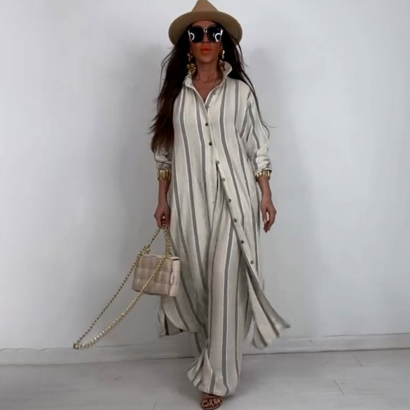 Femmes musulmanes 2 pièces Ensemble chemise rayée haut pantalon à jambes larges costume simple boutonnage poches pantalons tenues 2025 automne Ensemble