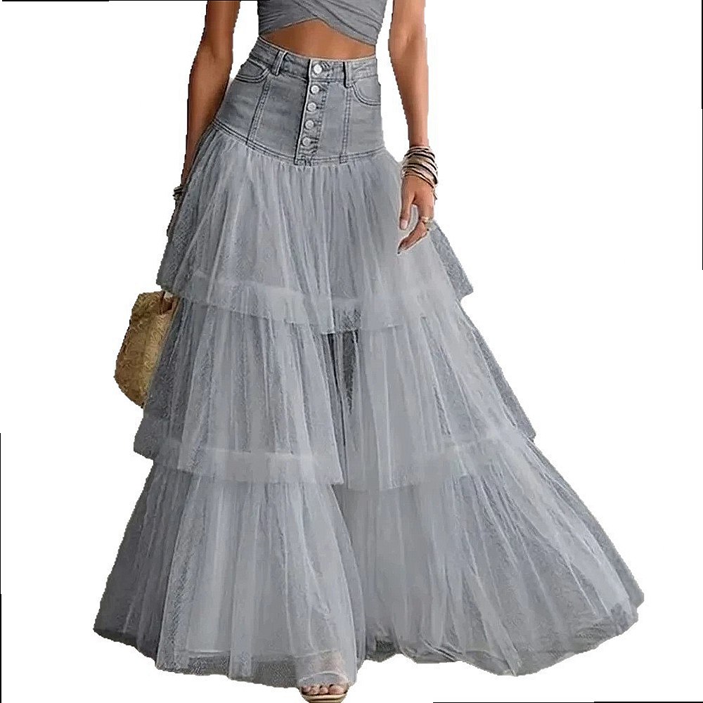 Jupe en jean superposée à empiècements en maille pour femme, taille haute, coupe trapèze, collection Printemps-Été 2026