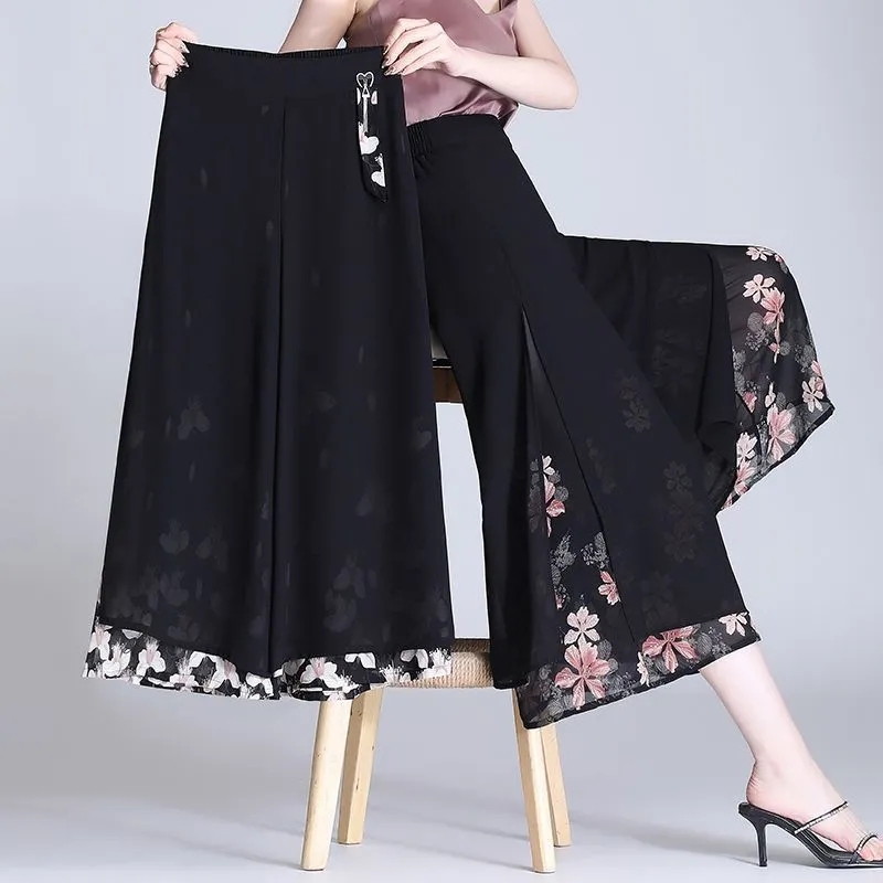 Pantalon capri imprimé noir pour femme, pantalon large en mousseline de soie mince, taille haute, pantalon baggy décontracté vintage, mode coréenne, été, 3XL
