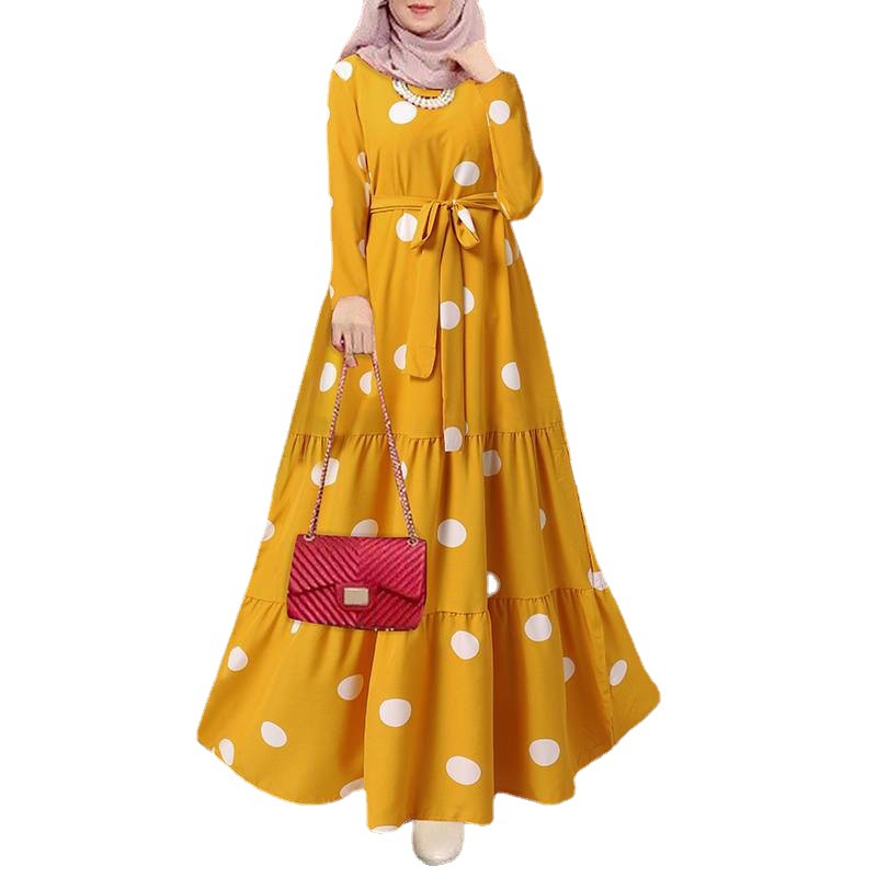 Abaya-Robe musulmane à manches longues et col rond pour femme, caftan décontracté avec ceinture imprimée épissée, Dubaï, Ramadan, Maroc, Eid