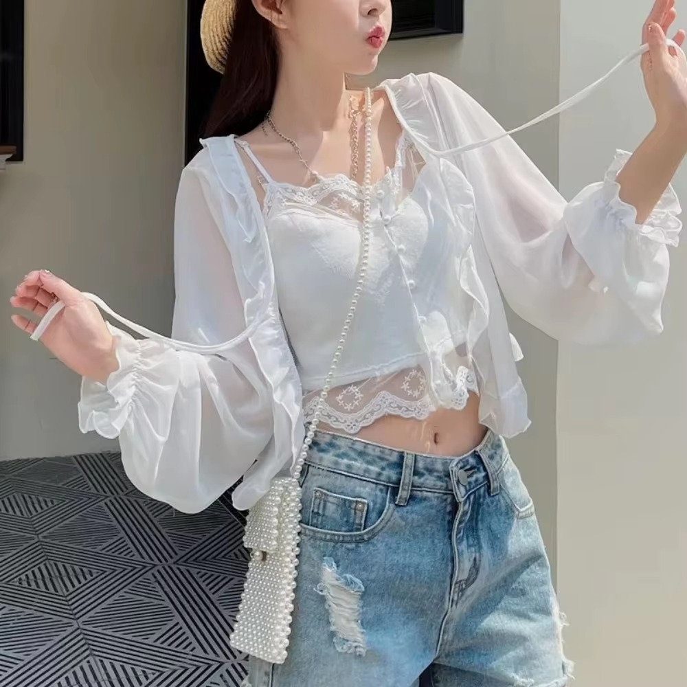 Châle d'été à volants en mousseline de soie pour femmes, couleur unie, manches longues, manteau fin Y2K, Cape boléro, vêtements d'été, haussement d'épaules pour les vacances