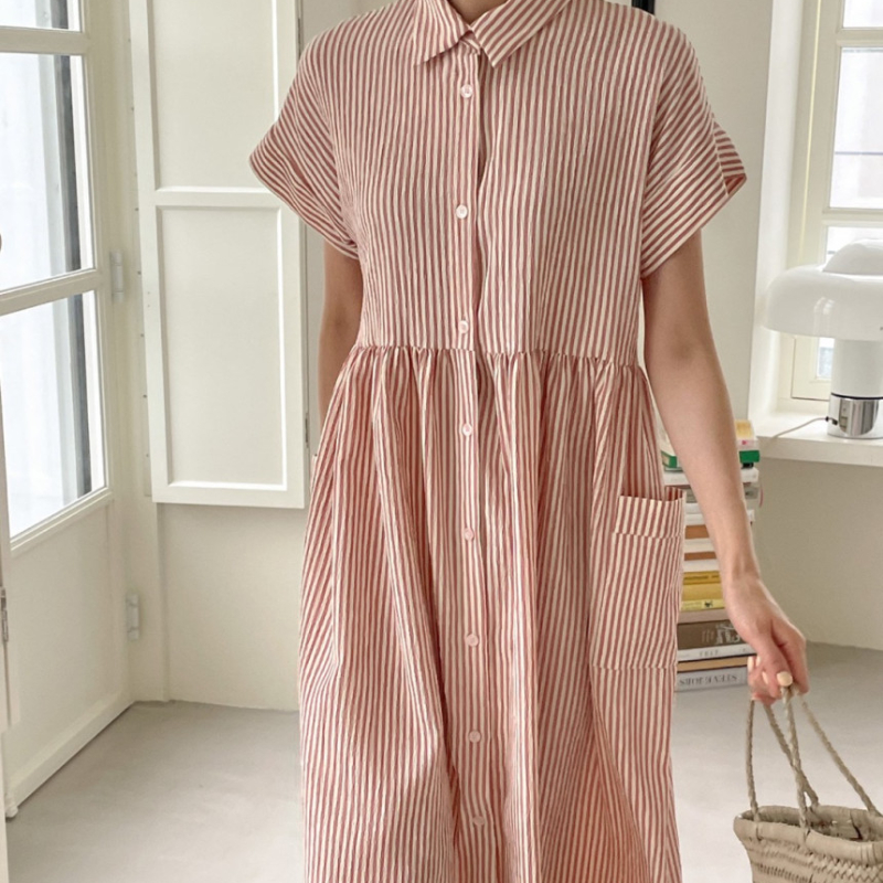 REALEFT-Robe chemise rayée à simple boutonnage pour femme, vintage, décontractée, droite, coréenne, poches, été, 2024