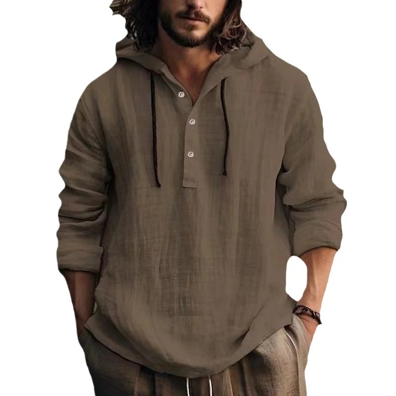 T-shirt à capuche décontracté en coton et lin pour hommes, chemisier à manches longues, vacances, plage, printemps, tunique unie, chemise ample à capuche