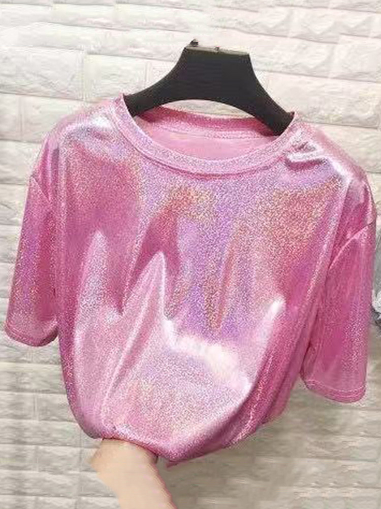 Été femme hauts brillant ample à manches courtes t-shirt sexy club esthétique harajuku femmes élégant brillant soie t-shirt