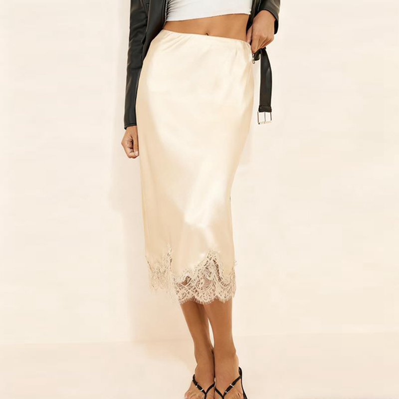 Femmes Sexy dentelle Patchwork Satin jupe crayon classique élégant taille haute soyeux fluide demi-slip sous-jupe bureau dame jupe Midi