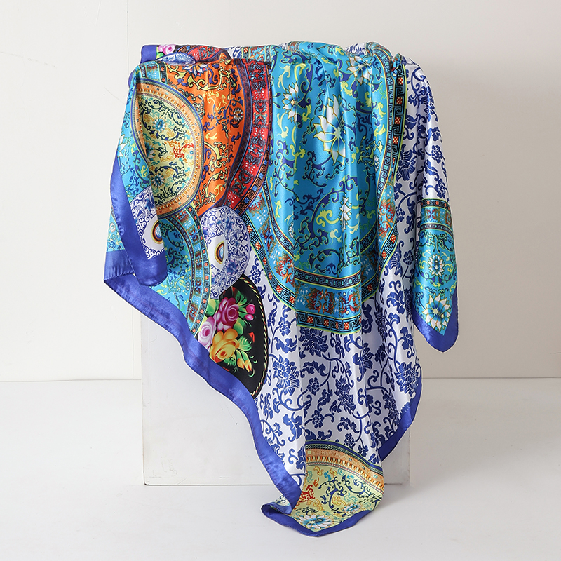 Foulard carré de luxe en satin de 90 cm pour femme, hijab, châle, bandeau, écharpe en soie, bandana