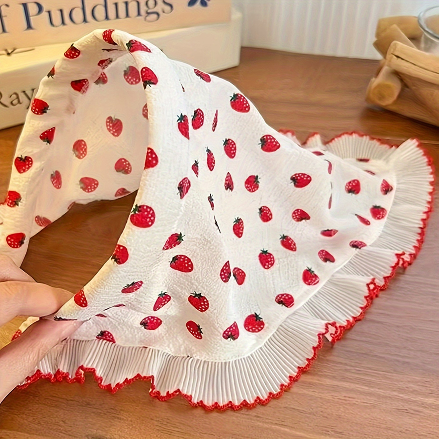 1 Foulard triangulaire mignon motif fraise avec bandeau, coiffe en dentelle style pastoral pour femme, accessoire capillaire pour pique-nique et sorties printanières