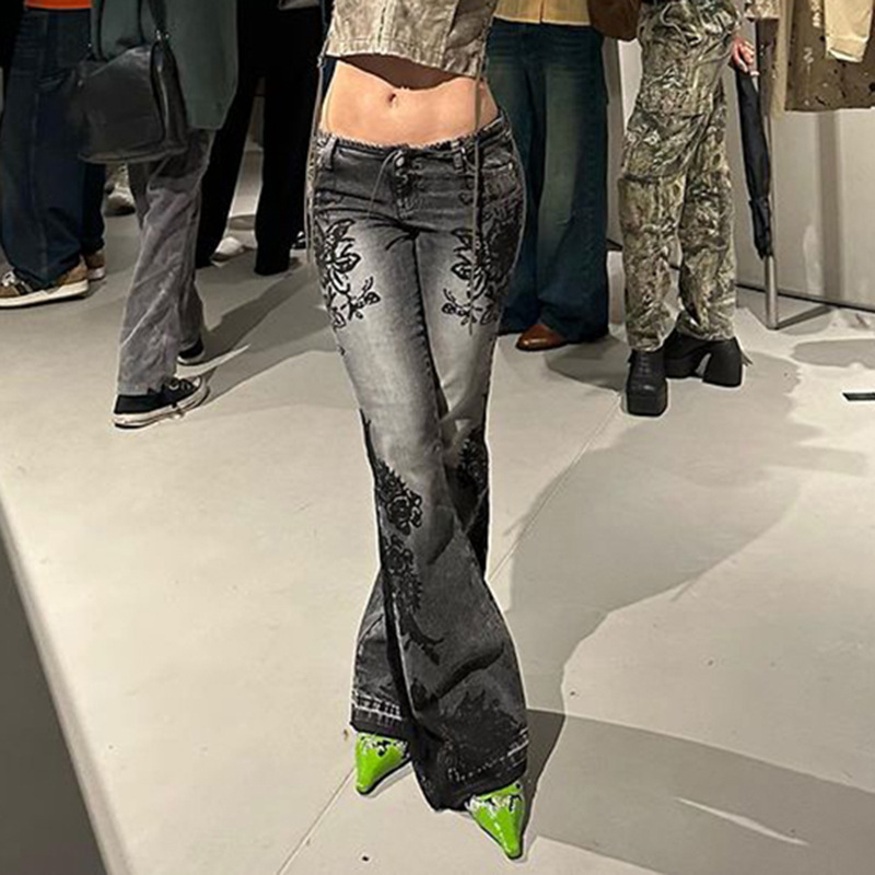 Jean femme nouveau Style de rue rétro américain imprimé plante lavé Vintage taille basse pantalon évasé à la mode polyvalent