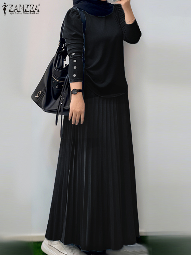 ZANZEA musulman Hijabi 2 pièces ensembles jupes Maxi plissées et chemisiers froncés à manches longues 2 pièces costumes tenues modestes islamiques 4 couleurs