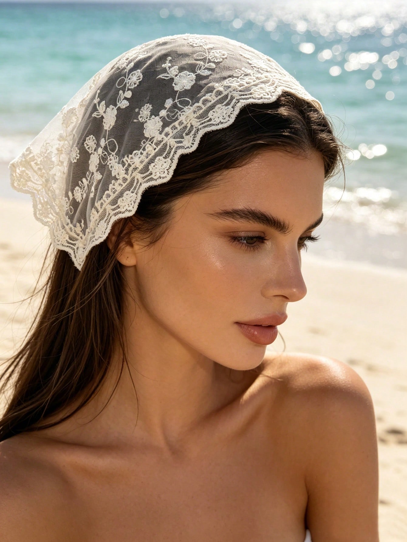 Foulard triangulaire vintage en dentelle florale transparente pour femme, avec bordure en dentelle ondulée, accessoire de cheveux pour les vacances, bandeaux et bandanas de plage