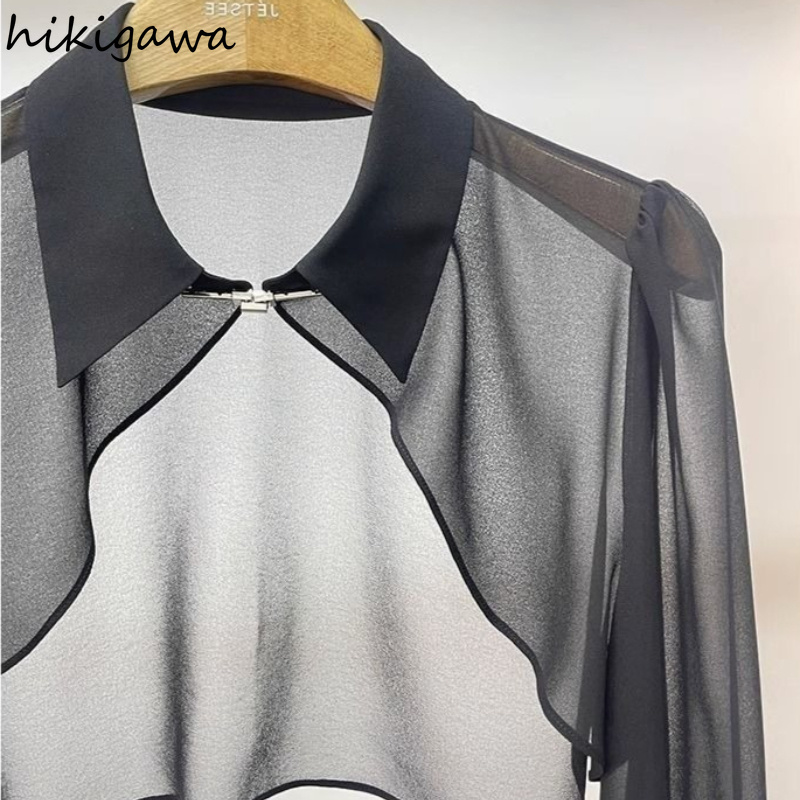 2026 Blouses Femme Tendance d'Été, Vêtements Féminins, Crop Tops, Chemises Chic Transparentes à Manches Longues, Blouse Chiffon Style Châle