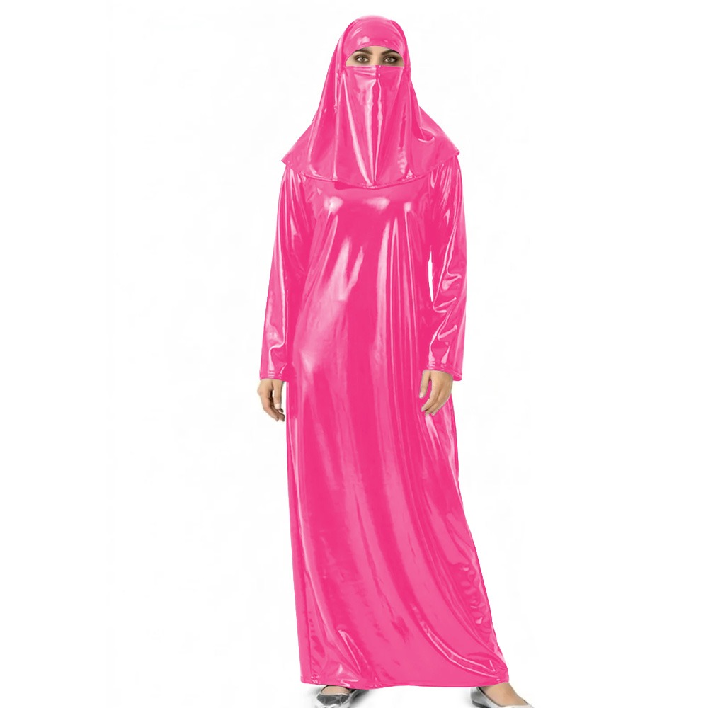 Abaya brillante effet mouillé pour femme avec voile intégré, robe longue en cuir PVC pour Halloween, événements cosplay et occasions à thème