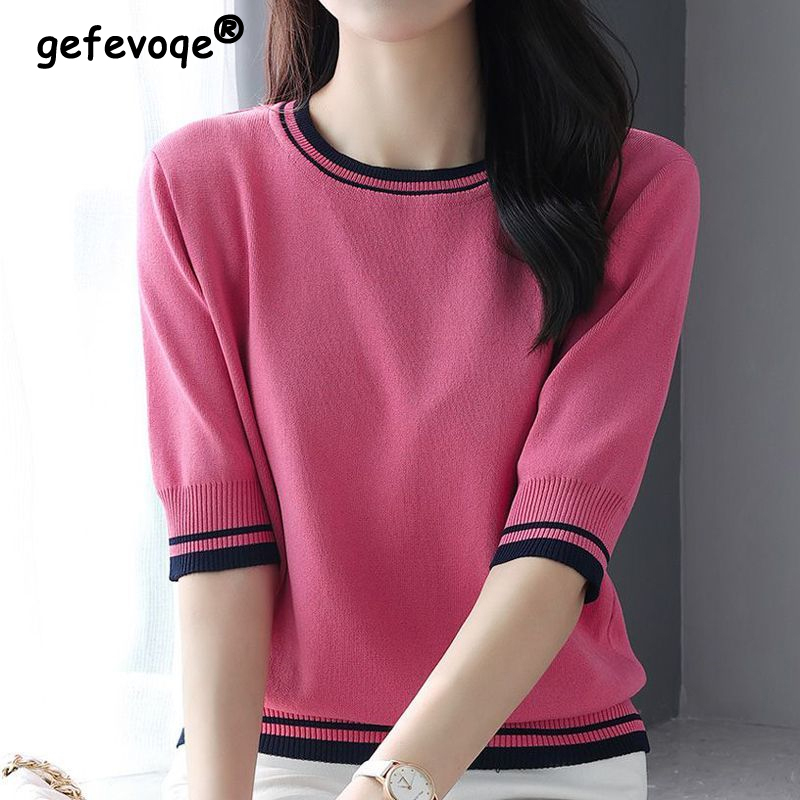 Vêtements pour femmes 2024 mode d'été contraste couleur élégant doux tricoté T-shirts décontracté col rond demi manches hauts pullover amples