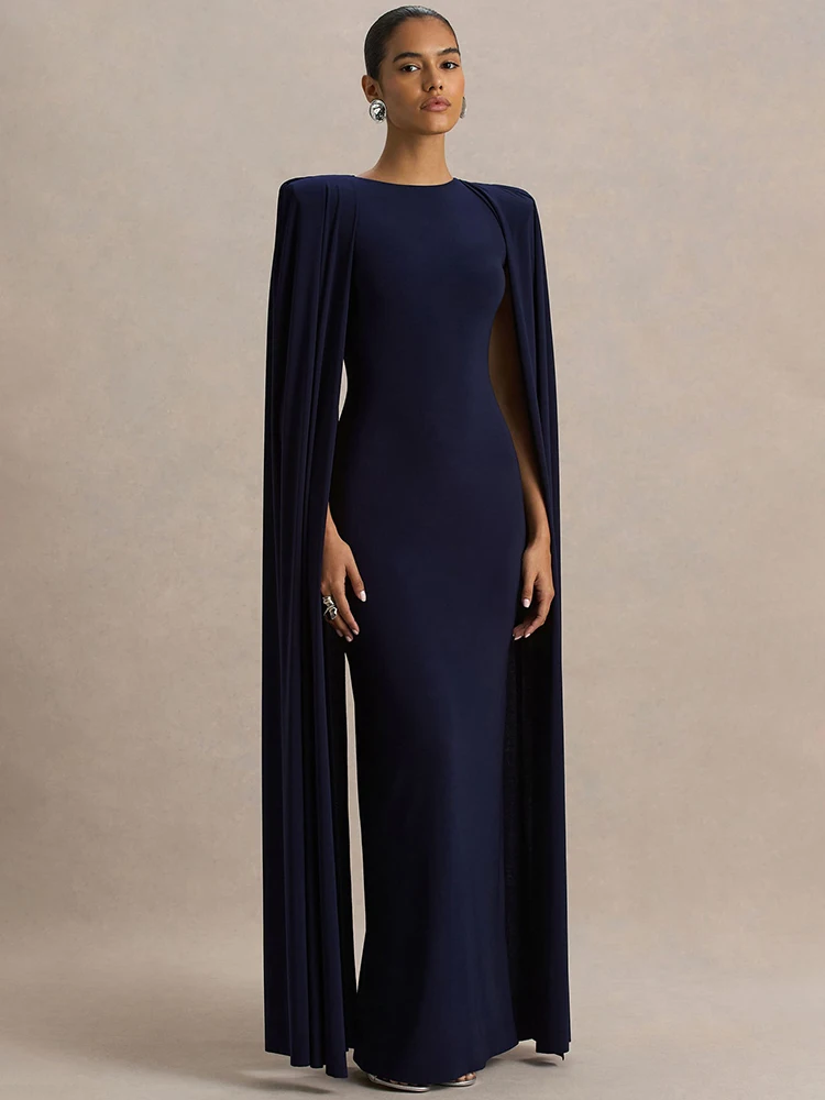 Cape manches Sexy robe Maxi femmes robe élégante mode fermeture éclair col rond taille haute fendu Club fête longues robes femme