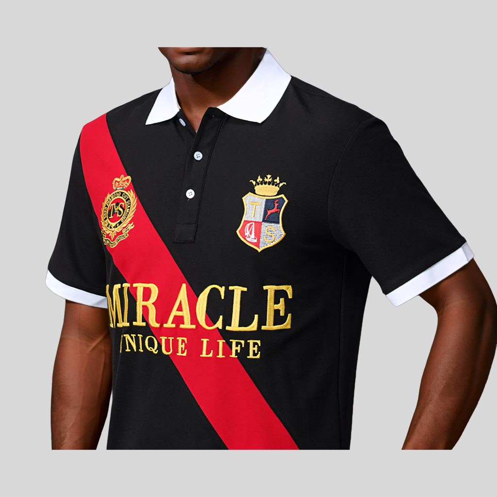Polo pour homme avec broderie MIRACLE, coutures contrastées, design classique et original, col polo, pur coton respirant.