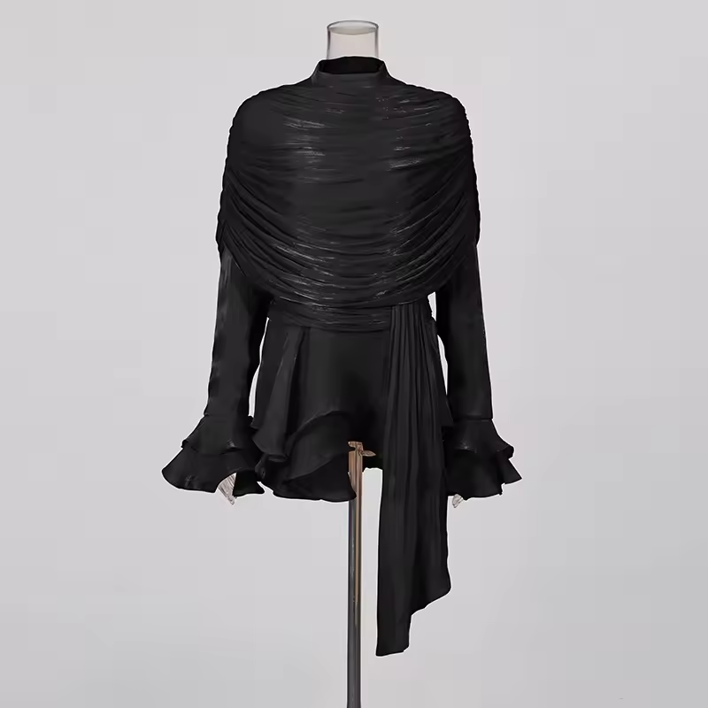 GALCAUR Robe unie ample à volants pour femme, col rond, manches longues, patchwork, fermeture éclair, robes élégantes, nouvelle collection mode féminine