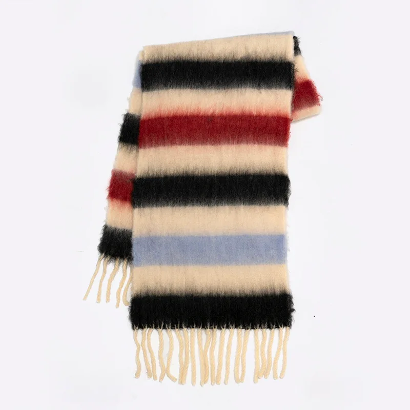 Écharpe à pampilles en cachemire rayé arc-en-ciel coloré, Mohair, Kawaii, Chaud, Épais, Accessoires de mode, Bandeau de la présidence du couple, Hiver