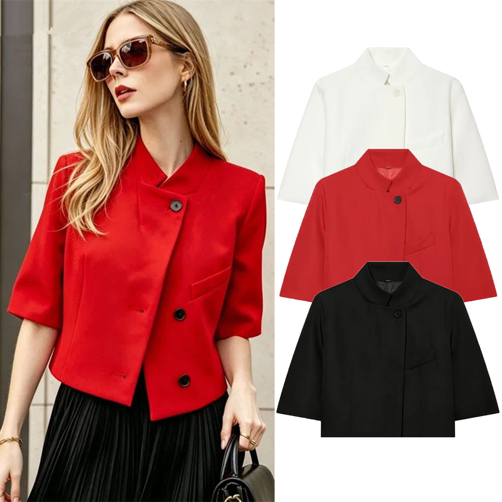 Blazer court à manches courtes pour femme, élégant, col montant, nouvelle tendance, style décontracté urbain