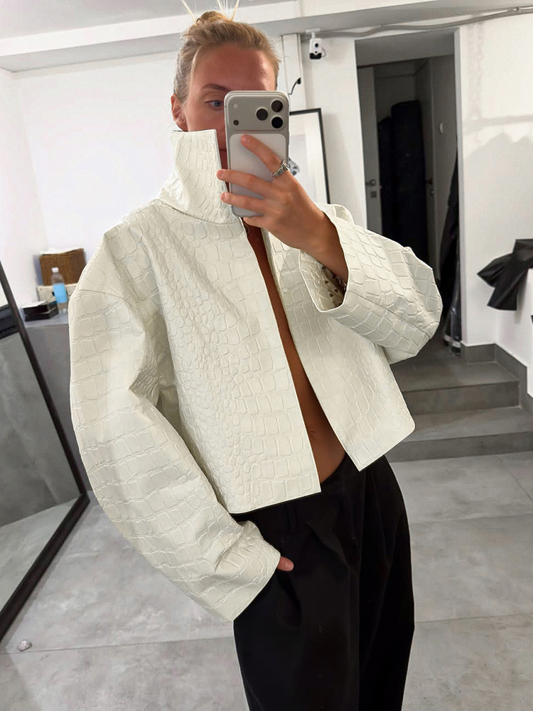 Veste Courte Décontractée en Similicuir PU pour Femme, Col Montant, Manches Longues, Ouverte sur le Devant, Style Mode, Automne 2026, Coupe Ample, Tendance Urbaine