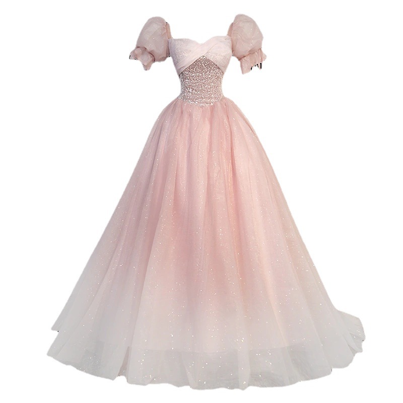 Robe de Soirée en Tulle à Paillettes et Manches Moelleuses, Tenue de Princesse, Longueur au Sol, Ligne A, Taille Haute, pour Banquet Formel, Élégante, Nouvelle Collection 2024