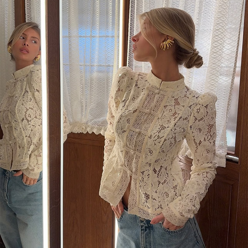 Chemise chinoise transparente en dentelle élégante pour femmes, Sexy, manches longues, simple boutonnage, Slim, chemisier court, chemises de rue quotidiennes pour dames, 2026