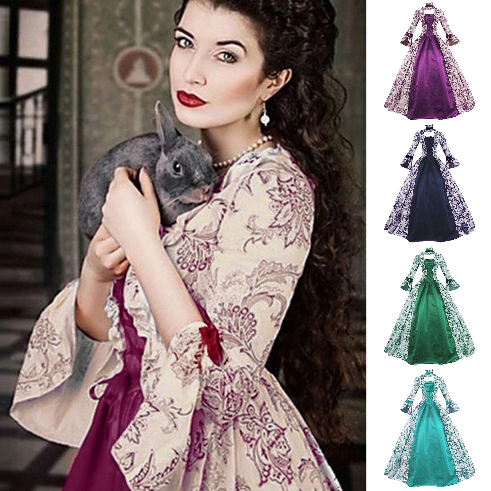 Femmes à lacets robe médiévale volants arc Vintage victorien carnaval Maxi robe taille haute florale femme fée longue robe Vestido