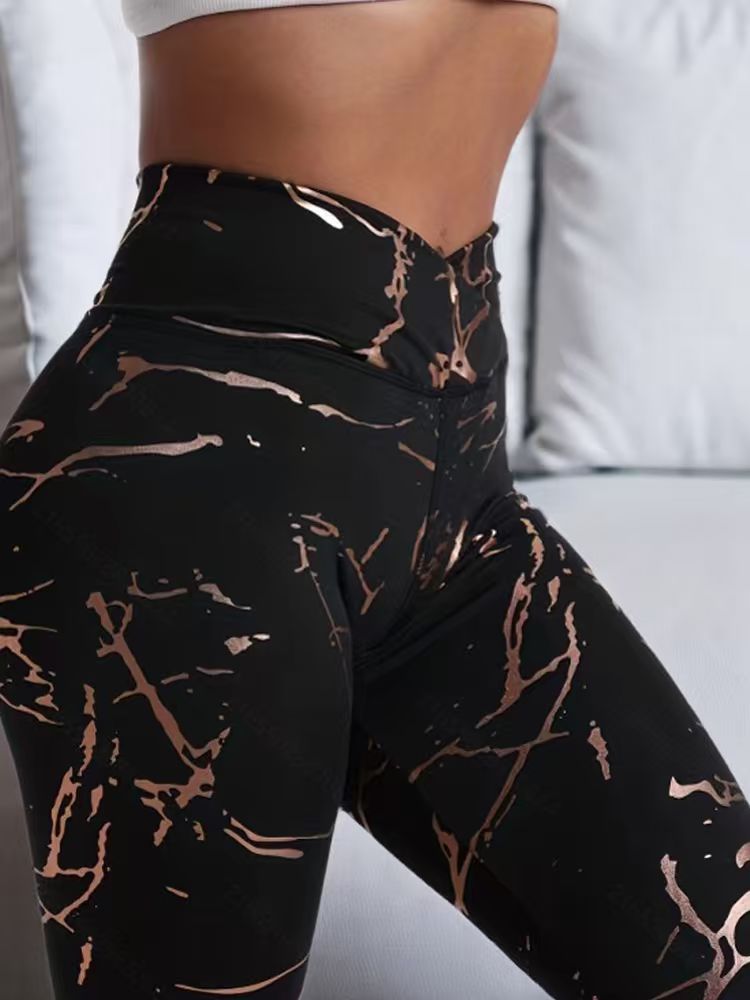Pantalon tendance pour femme avec motif doré et taille croisée, idéal pour l'extérieur, les loisirs, la maison, le fitness, le yoga et diverses autres occasions