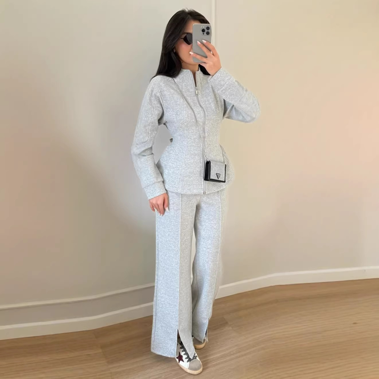 Ensemble de survêtement 2 pièces pour femme : veste à col montant zippée et pantalon fendu – Collection Printemps 2026