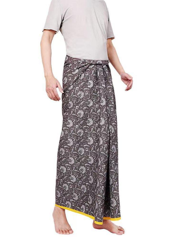 Sarong unisexe Longyi Lungi Batik, jupe portefeuille à imprimé floral d'Asie du Sud-Est, pour l'été, la plage, les vacances décontractées, bleu sarcelle avec bordure dorée, style thaïlandais.
