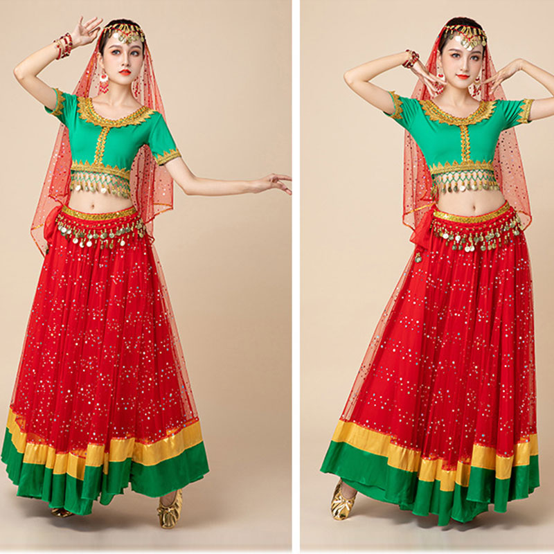 Ensemble de costumes de danse du ventre Bollywood pour femmes, hauts brillants, jupe, ceinture de taille, tenue de danse, ensemble de vêtements de carnaval pour spectacle sur scène