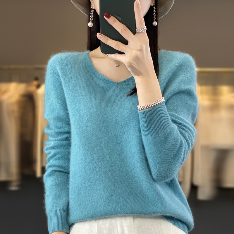 Pull en cachemire 100% pure laine pour femme, col en v, haut en tricot décontracté, manteau pour femme, mode coréenne, automne et hiver