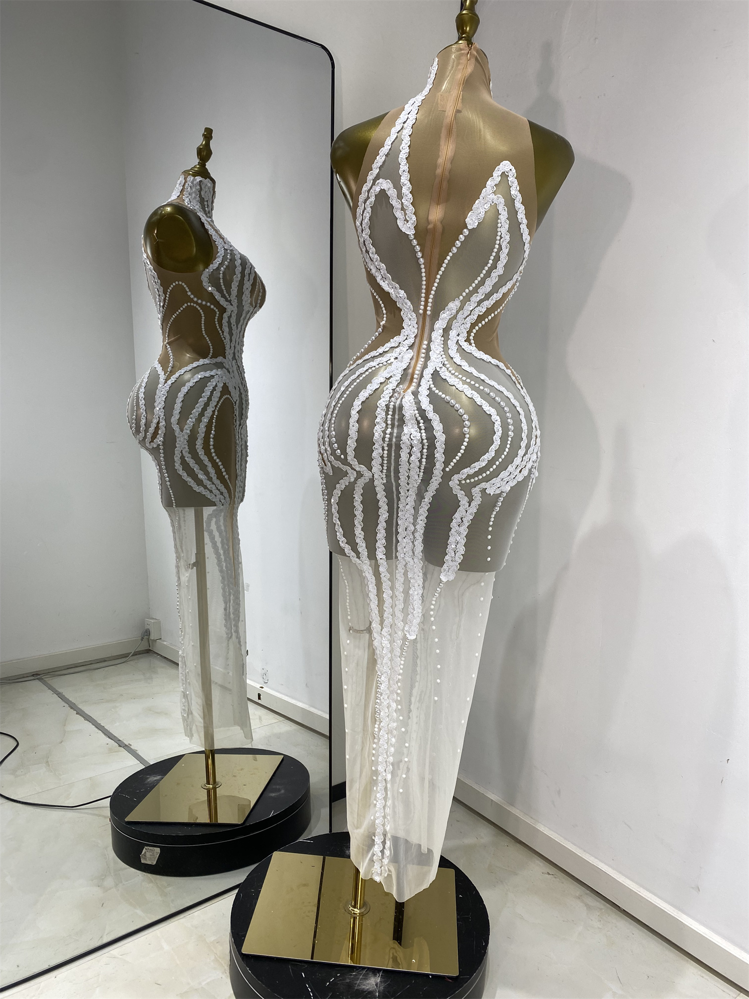 Robe de soirée pour femme, sexy, à paillettes, perles, transparente, longue, pour anniversaire, boîte de nuit, séance photo, soirée