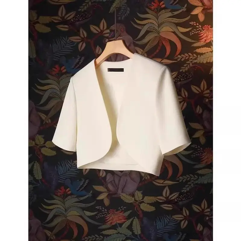 Veste châle courte pour femmes, manches courtes, col en v, costume à la mode, Cardigan d'été
