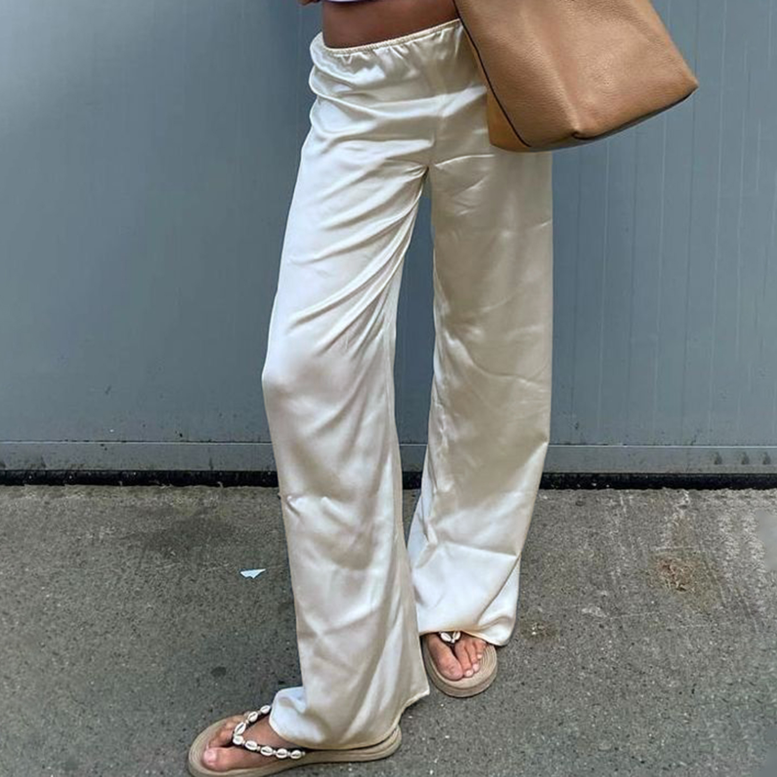 Pantalon de robe élégant pour femme en satin couleur unie, coupe large, taille élastique, coupe ample, long, style rétro années 00, streetwear