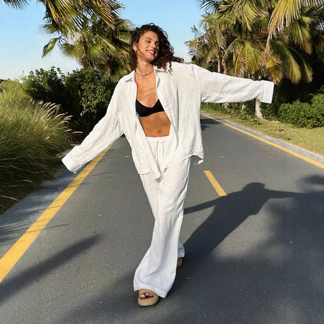 Ensemble classique décontracté en coton solide pour femmes, chemisier ample, pantalon droit, nouvelle mode, revers, manches longues, chemise à simple boutonnage