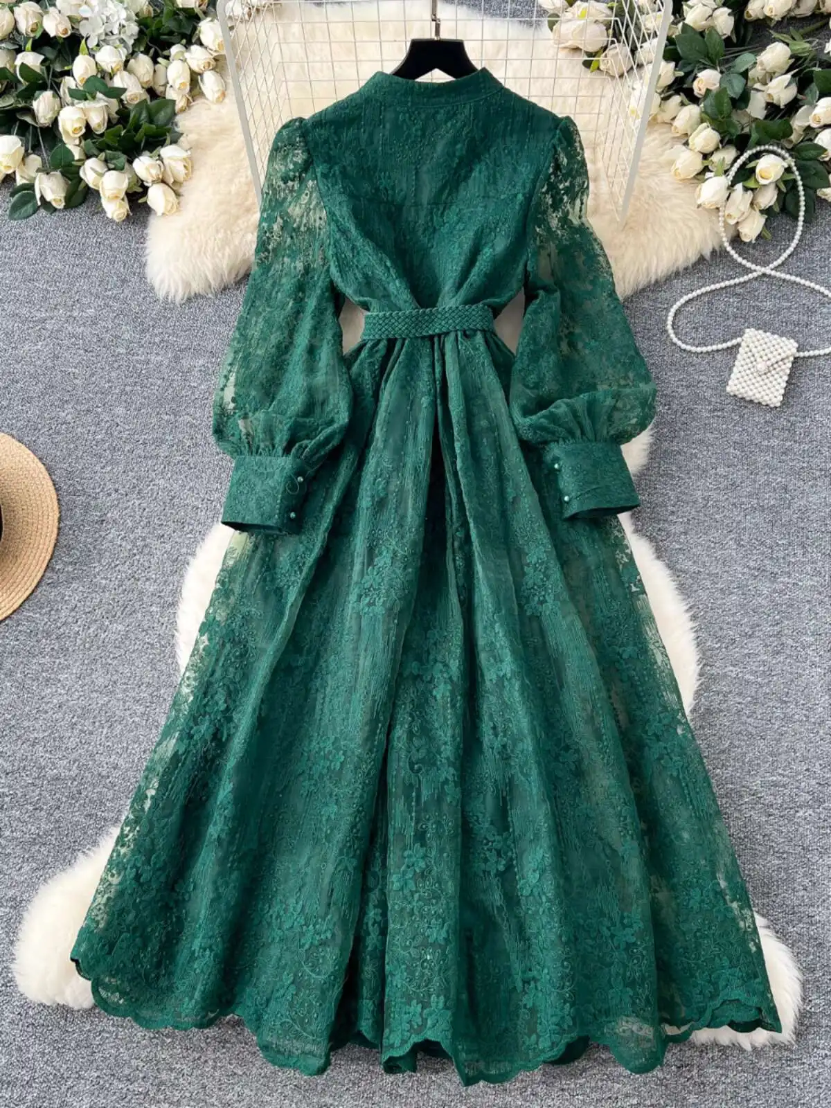 Robes formelles brodées de luxe pour femmes, lanterne d'été et d'automne, manches longues, dentelle, perles, bal de promo, robe de soirée d'anniversaire