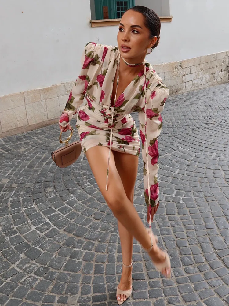 Robe décontractée imprimée fleurs 3D pour femme, manches longues, col en V, plissée, coupe ajustée aux hanches, mini-robe d'été 2026 pour les vacances