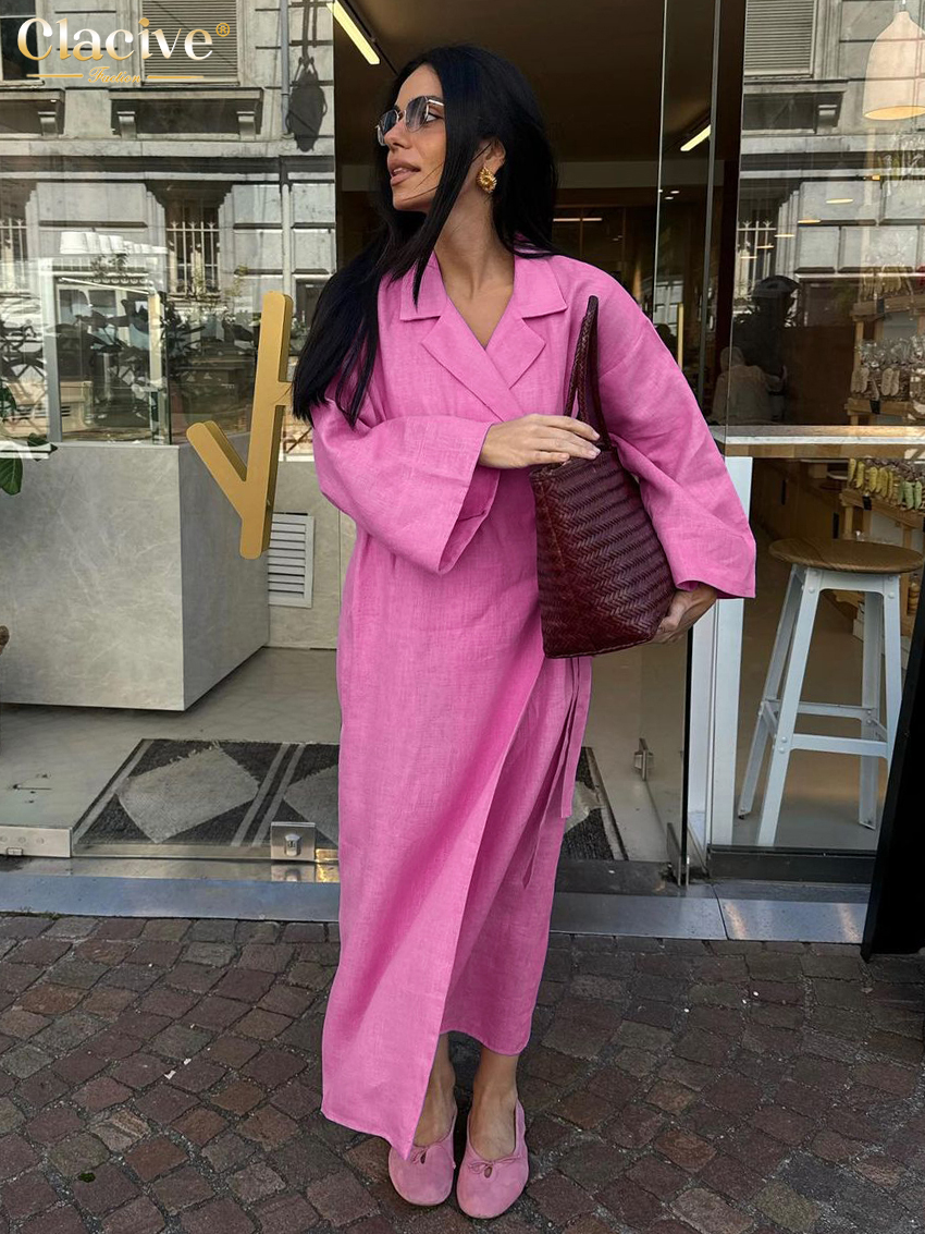 Clacive décontracté ample rose coton robe dames mode revers à manches longues cheville longueur robe élégante à lacets robes pour les femmes