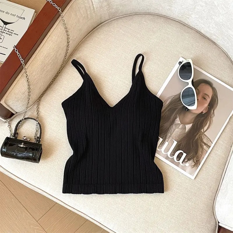 Débardeur en tricot d'été sans manches à col en V pour femme, blanc et noir, style décontracté basique, débardeur à épaules dénudées, sexy, dos nu, crop top