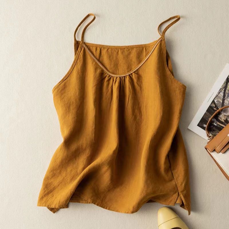 Minimalis Commute-Débardeur en pur coton pour femme, licou pour document solide, débardeur froncé rétro, camisole mince, été, nouveau