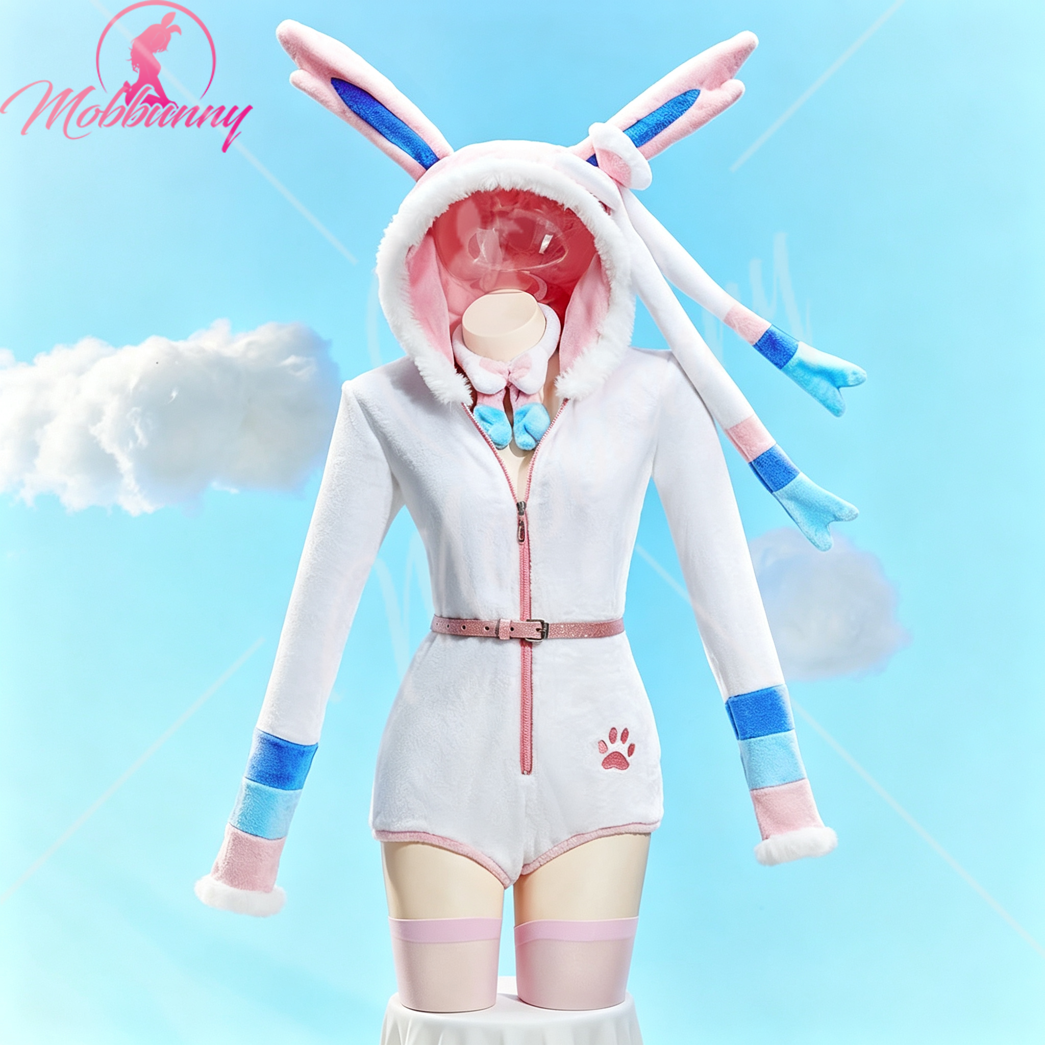 Mobbunny PM dérivé Sexy moelleux à capuche body profond V Kawaii une pièce barboteuse avec tour de cou et chaussettes Costume de Cosplay