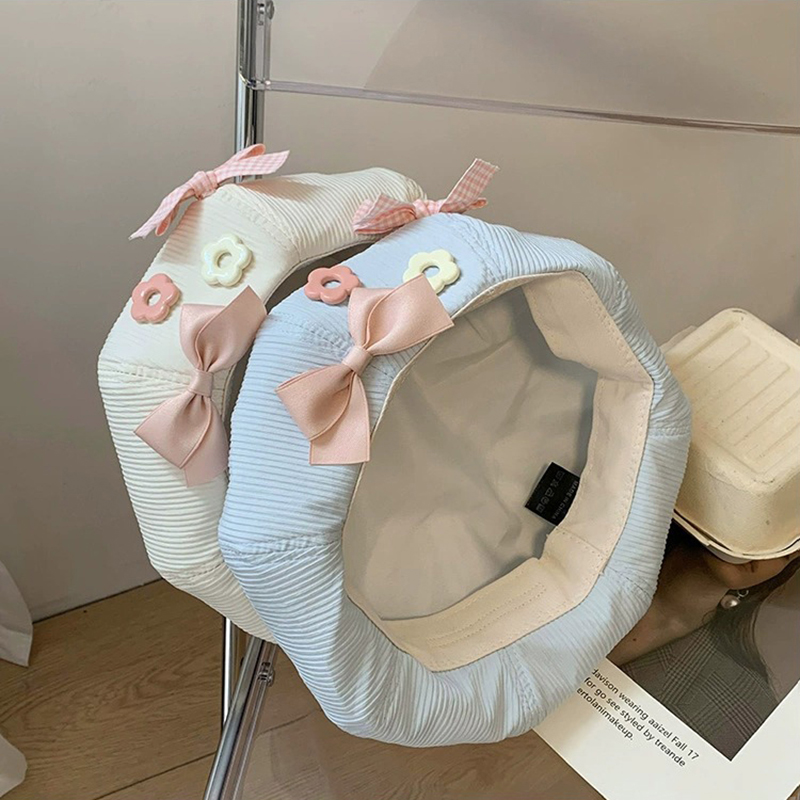 Béret octogonal pour femme, style japonais, avec nœud et bouton décoratif, en coton uni, pour artiste peintre