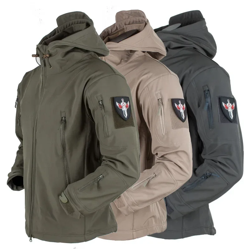 Veste d'extérieur à coque souple bleu marine pour hommes, manteau tactique militaire imperméable, coupe-vent et pantalon à capuche en polaire chaude pour l'hiver