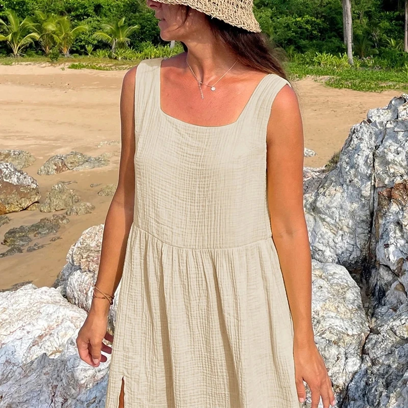 Mousseline 100% coton gaze Boho Robe femmes casual col en U sans manches solide été ample plage vacances Robe d'été dame Robe robes