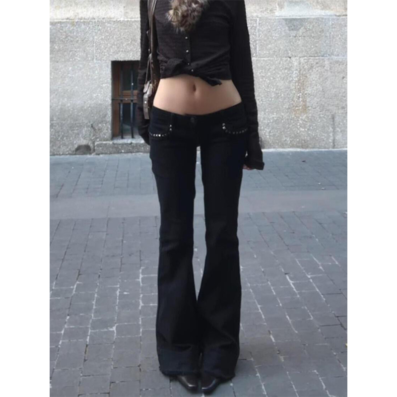 Jean évasé noir taille basse pour femme, style Gyaru, rétro américain, cyberpunk coréen, coupe trompette, Y2K, skinny, patte d'éléphant, nouveauté