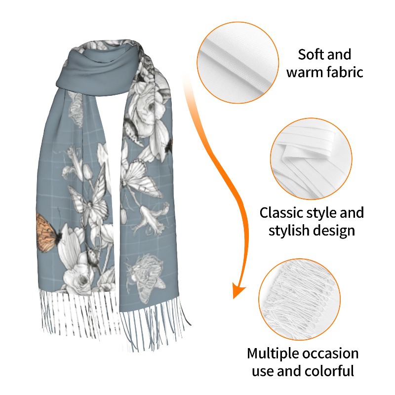 Écharpe en cachemire d'hiver à motif floral papillon pour femmes, châle de luxe imprimé, écharpe épaisse et chaude pour femme, cadeau.