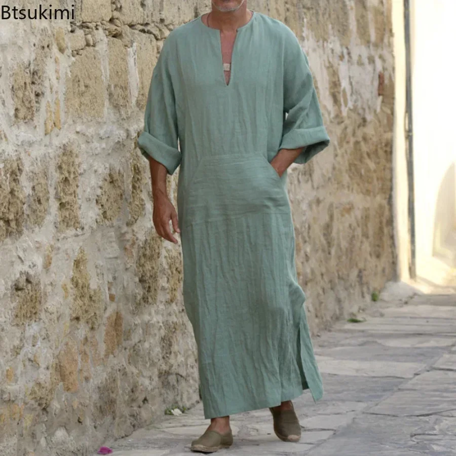Grande taille 4XL 5XL hommes Robe musulmane col en v décontracté coton/lin poches ample à manches longues Vintage arabe ethnique Robe islamique mâle