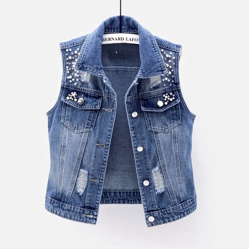 Gilet en jean pour femmes, nouveau Style de lavage, déchiré, broderie, veste sans manches, effet amincissant polyvalent, printemps été 2025
